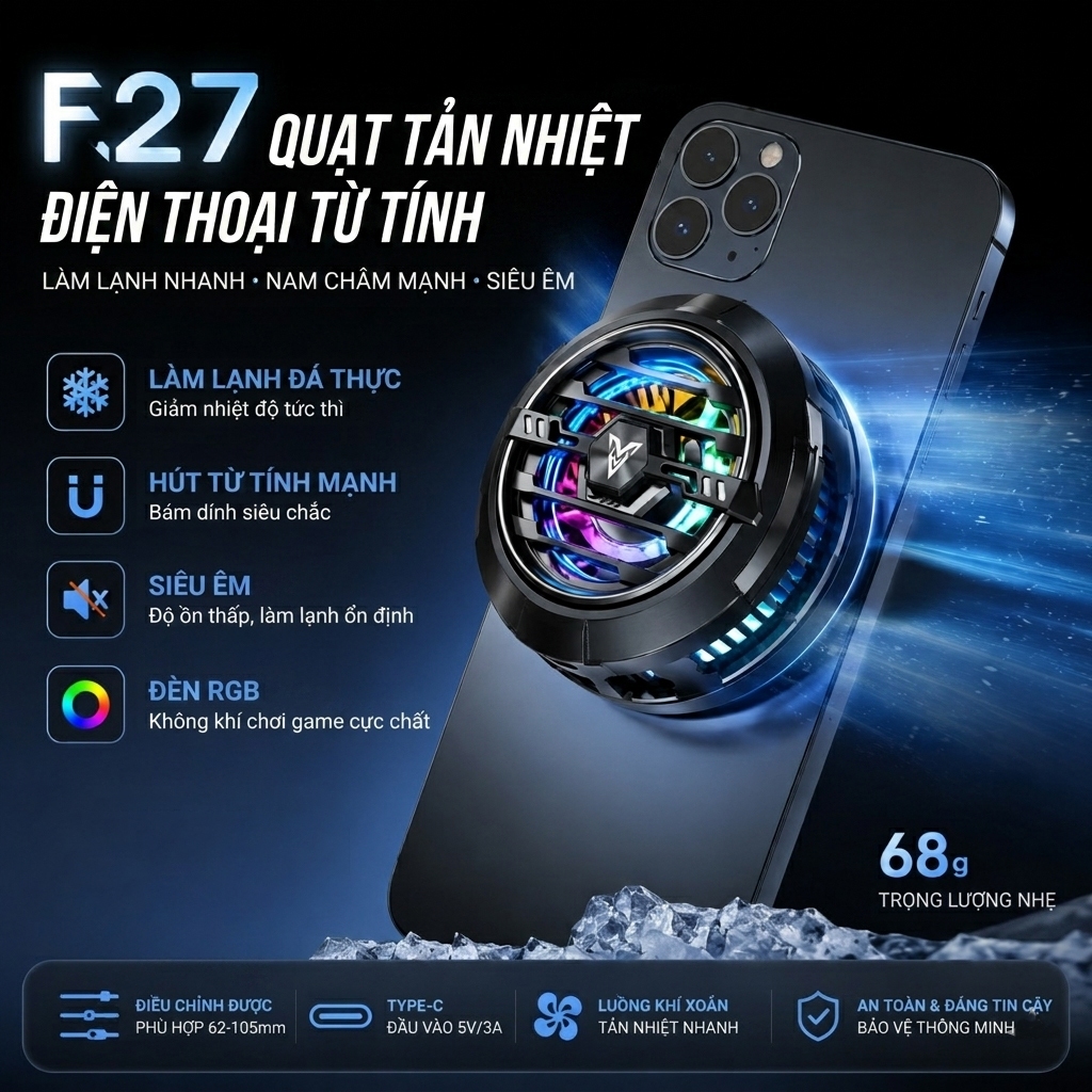 Quạt Tản Nhiệt Điện Thoại F27 Magsafe RGB Siêu Lạnh