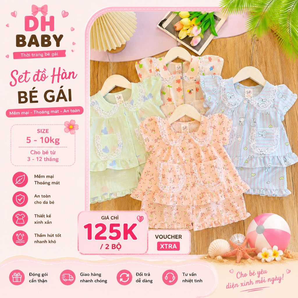 Combo 2 Bộ Ngắn Bé Gái Cotton Hàn Cổ Bèo Tay Bồng 2 Túi Ren Dễ Thương Cho Bé 7 –12kg Mặc Nhà Mùa Hè