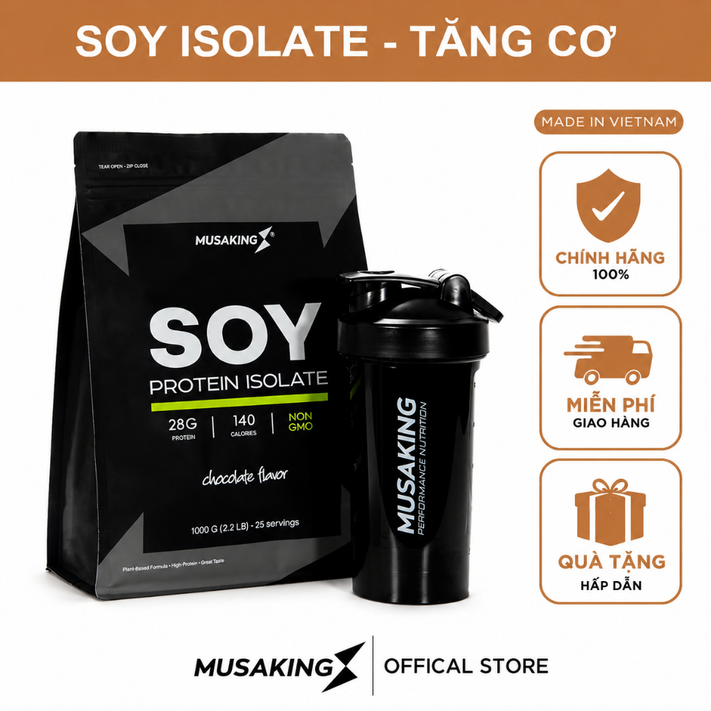 Bột Sữa Thực Vật Soy Protein Isolate Musaking túi 1kg - Tăng Cơ Tăng Cân + Tặng bình lắc Shaker 600m