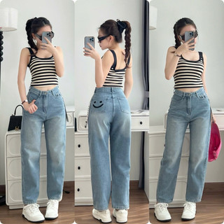 Quần Baggy Jeans Thêu mặt cười, lưng cao - tôn dáng, chất jeans cotton mềm không giản 3437