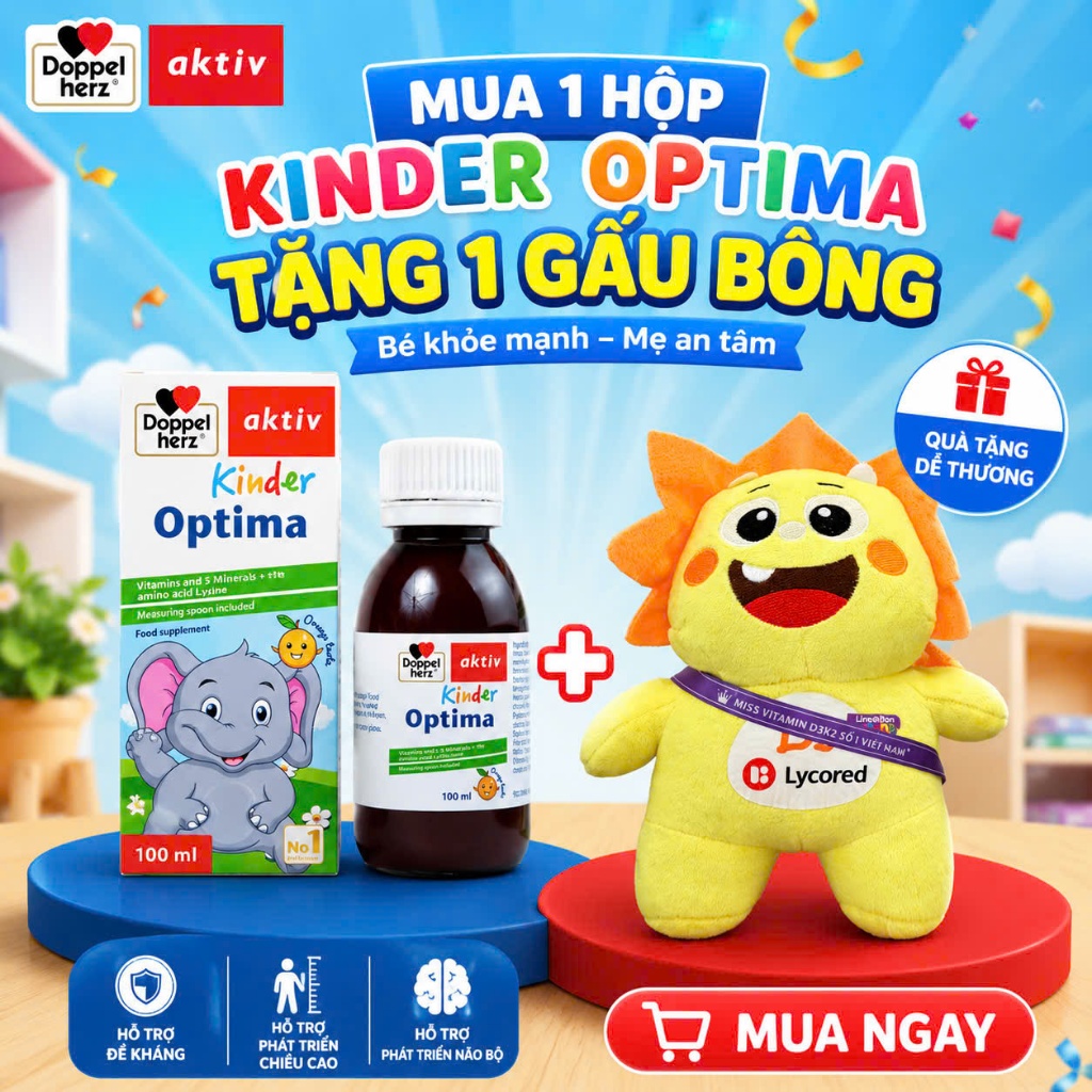 Siro bổ sung vitamin cho bé Doppelherz Kinder Optima hỗ trợ giúp bé ăn ngon, cải thiện tầm vóc