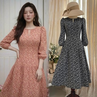 Đầm Midi cổ dún tay lửng phối hông eo thun _ D4.942