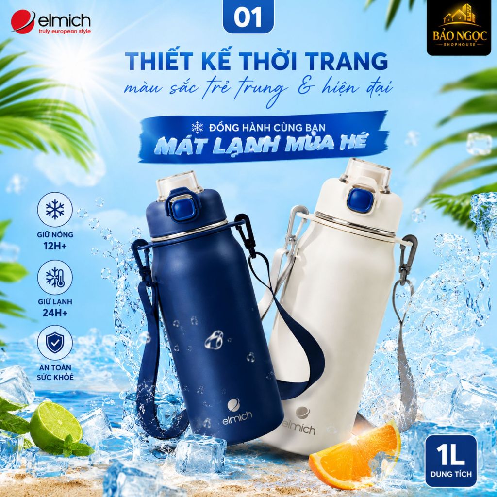 [Hàng mới về ] Bình giữ nhiệt inox 316 Elmich EL- 8331 dung tích 1L - Tiêu chuẩn châu âu