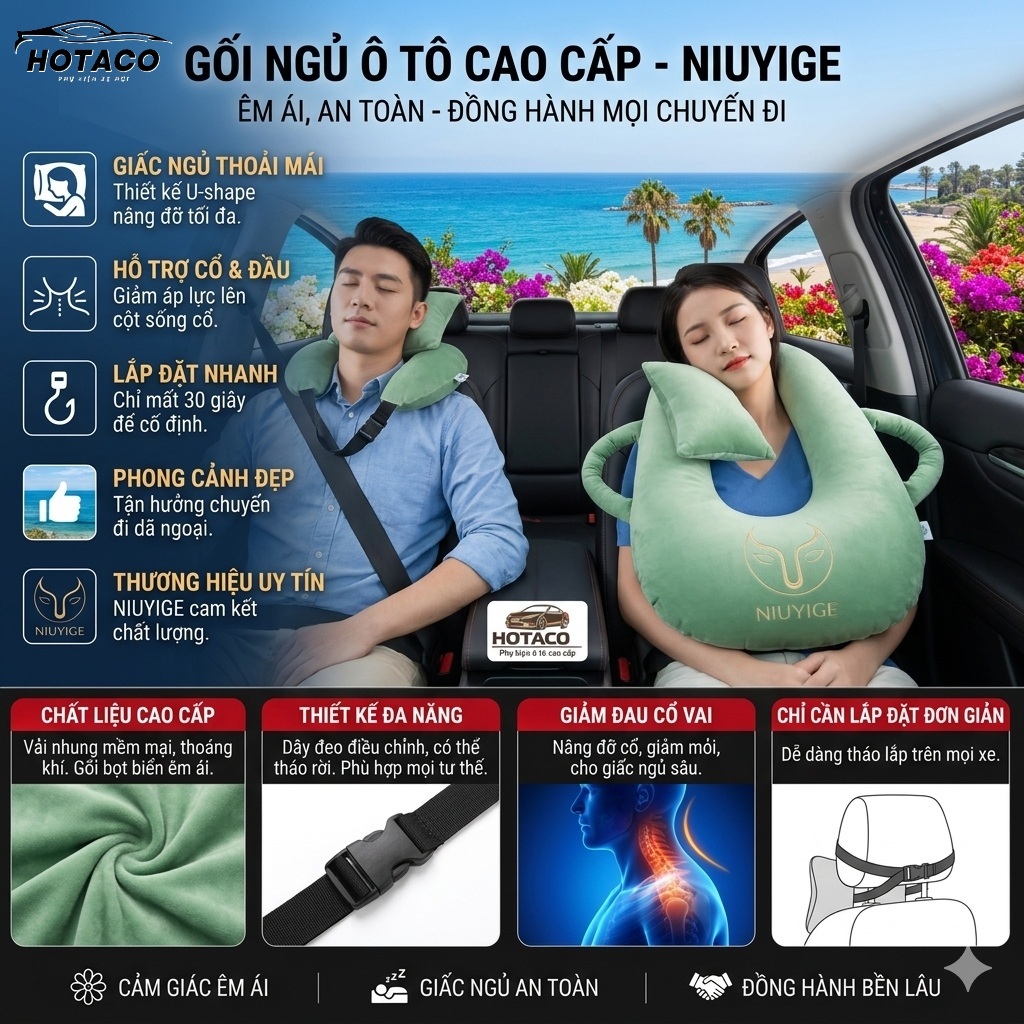 Gối ngủ cho em bé trên xe ô tô, gối ô tô chống ngủ gật trên xe hơi chất liệu cotton | HOTACO
