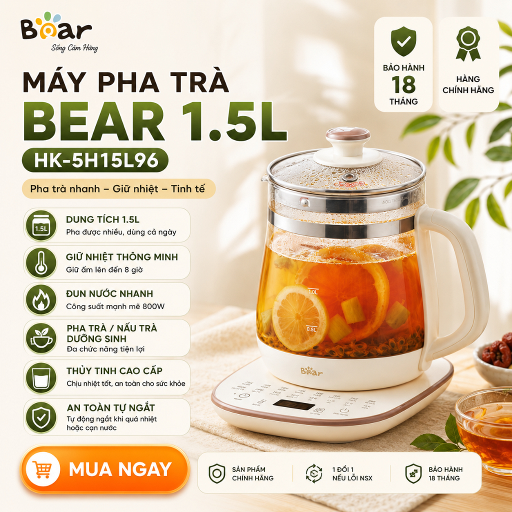 Bình pha trà Bear đa năng 1.5L Tiếng Việt Đun Sôi Nhanh Đa Năng Giữ Ấm 11 mức nhiệt Bảo Hành 18T