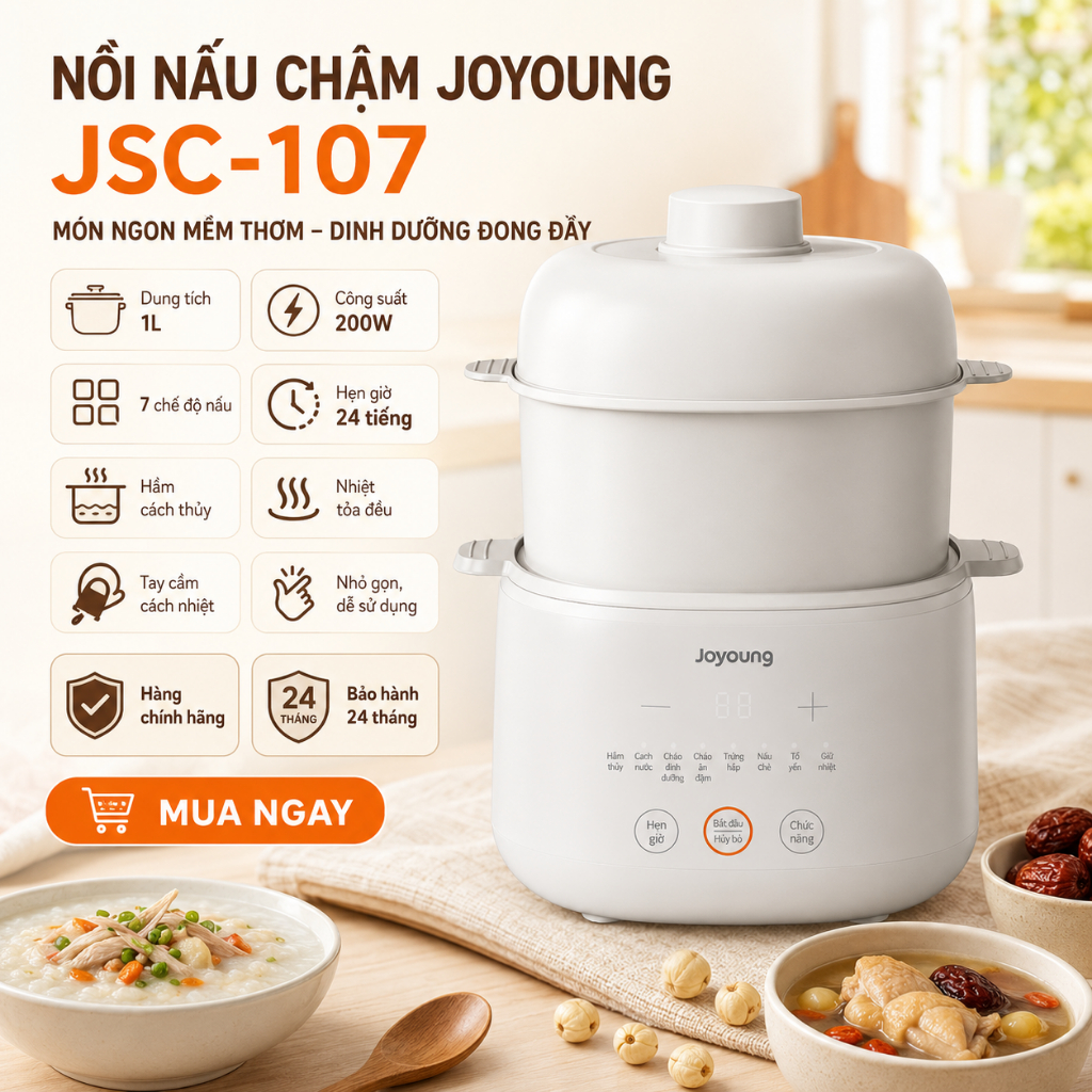 Nồi nấu cháo chậm JoYoung bảo hành 24 tháng JSC-107 (1L 1 thố sứ) / JSC-187 (1.8L 3 thố sứ)