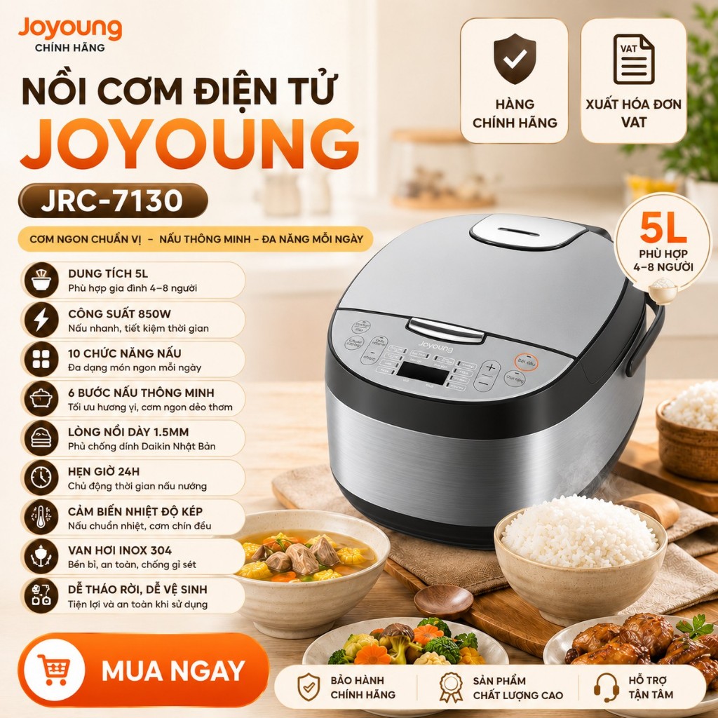 Nồi cơm điện tử Joyoung JRC-7130 1.8L, 10 chế độ nấu, hẹn giờ, BH 24 tháng
