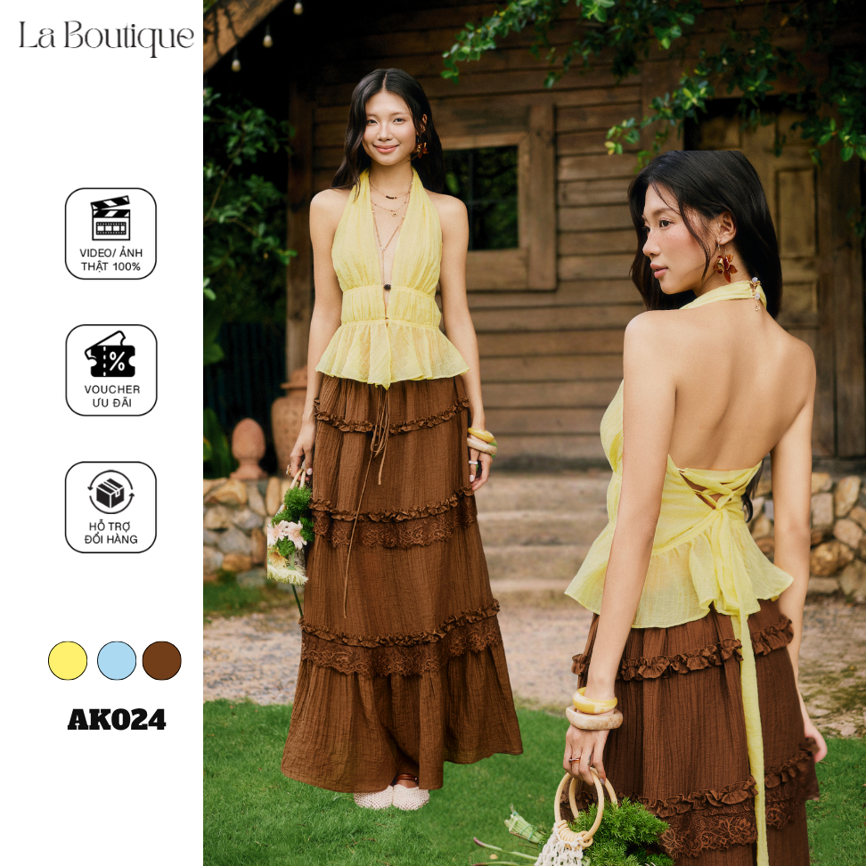 Áo cổ yếm chất tơ xốp nhăn phối nút, dáng peplum xòe nhẹ nữ tính La Boutique SS26 - AK024-2605LAT | BigBuy360 - bigbuy360.vn