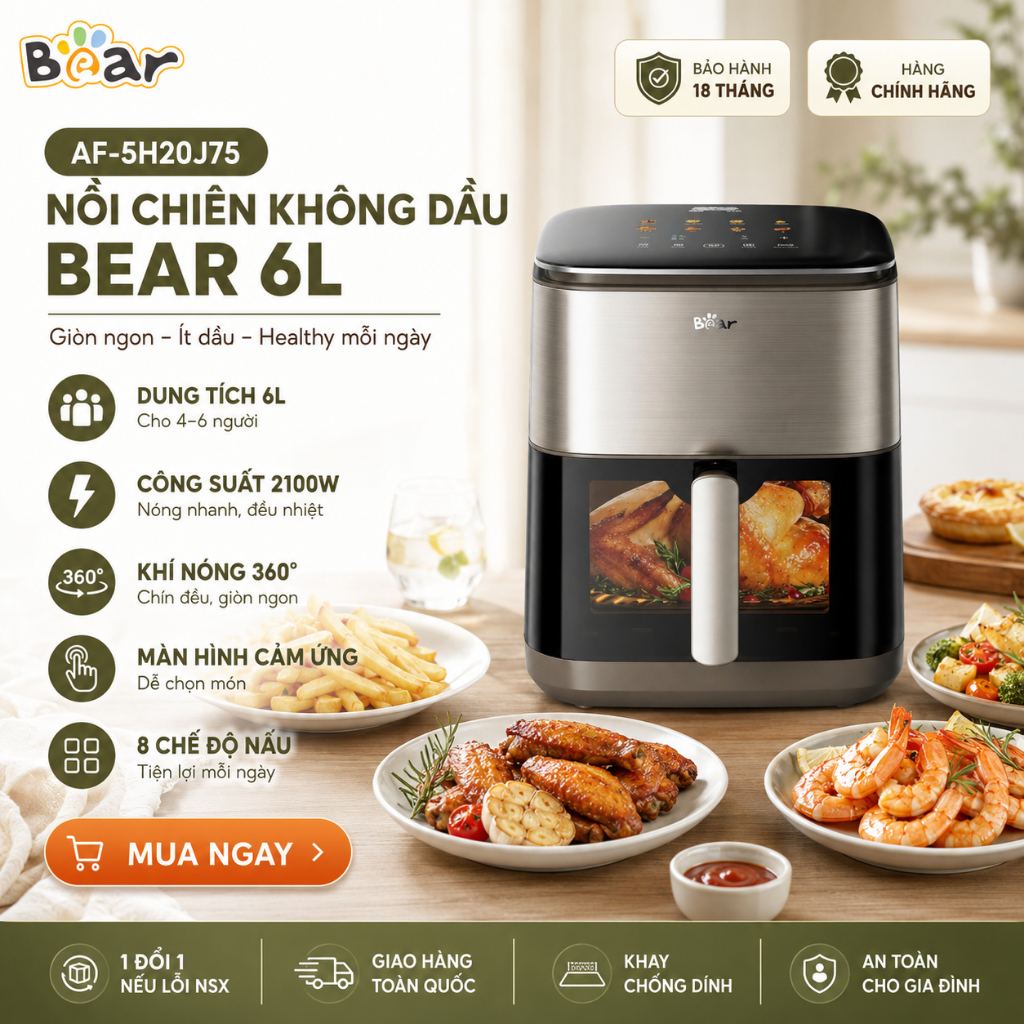 [Tặng bộ 5 dụng cụ nhà bếp] Nồi chiên không dầu BEAR 6,2L AF-5H20J75 Tiếng Việt Nồi Chiên Hơi Nước G