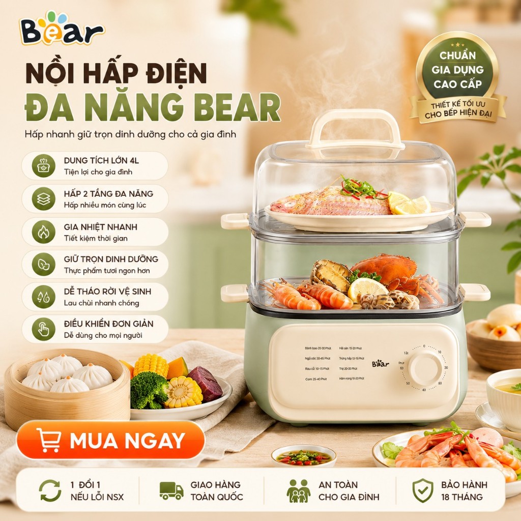 Nồi hấp điện đa năng Bear EFS-4H30D 2 tầng 10,3L tiện lợi  bảo hành 18 tháng