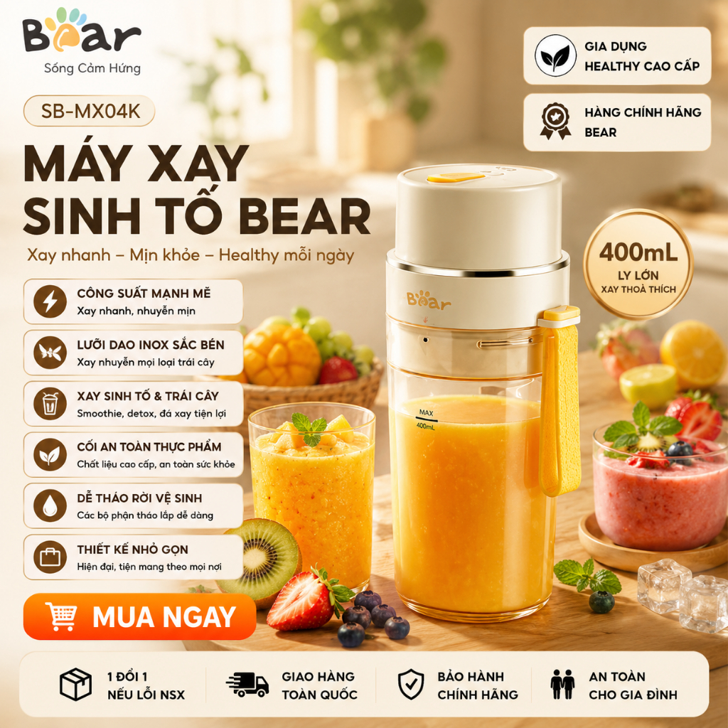Máy xay cầm tay BEAR 0.4L SB-MX04K Tiếng Anh có pin lưỡi dao inox 304 BH 18 tháng