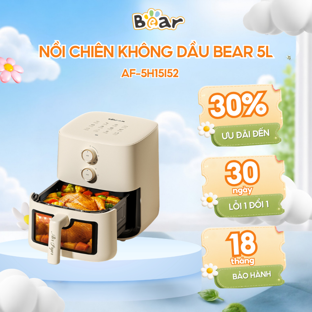 Nồi Chiên Không Dầu Bear 5L Lò Nướng Nồi Chiên Hơi Nước Nồi Chiên Lò Chiên Không Dầu Hấp Nướng Bánh 