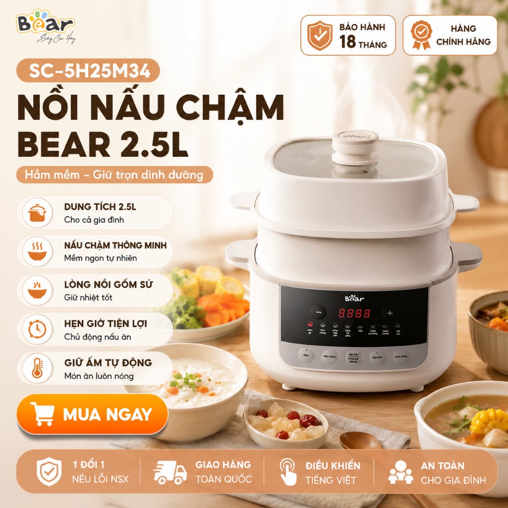 Nồi nấu chậm BEAR 2.5L SC-5H25M34 Tiếng Việt Đa năng giữ trọn dinh dưỡng BH 18 tháng