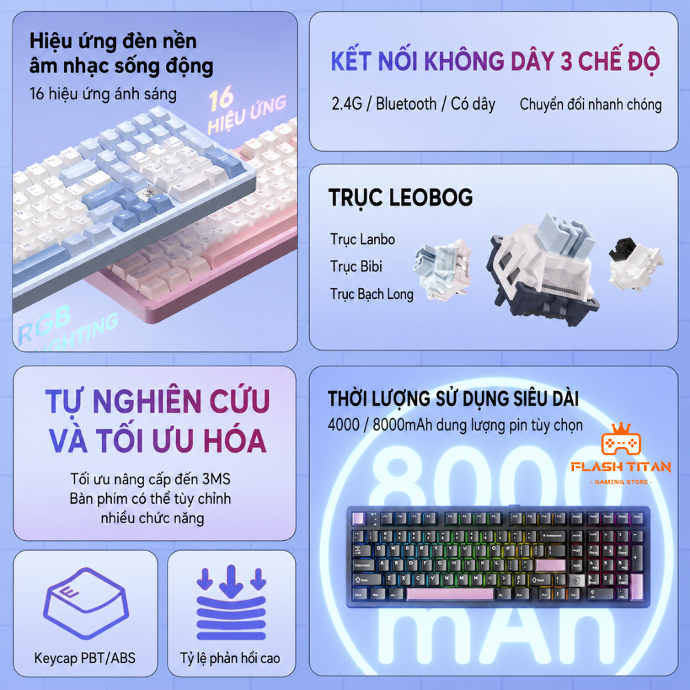 Bàn phím cơ không dây LEOBOG HI98C PRO - bàn phím nhôm 3 mode - Led RGB mạch xuôi - Pin 8000mAh | BigBuy360 - bigbuy360.vn