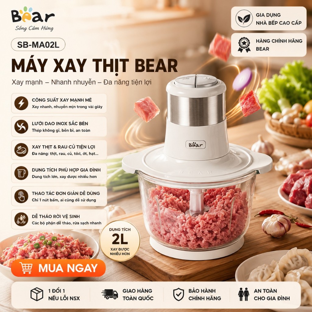 Máy xay thịt BEAR thuỷ tinh 2L SB-MA02L Tiếng Anh lưỡi dao inox 304 BH 18 tháng