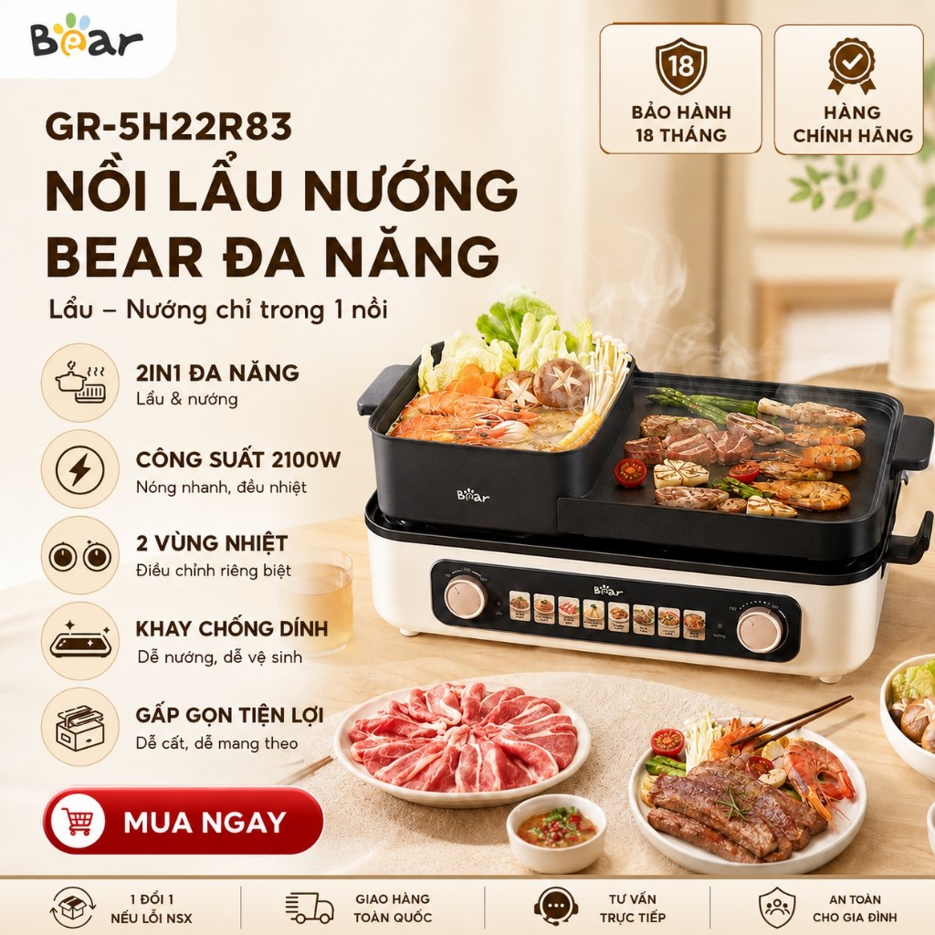 Nồi lẩu nướng BEAR 4L GR-5H22R83 Tiếng Việt Chiên Xào Áp chảo + Lẩu 2in1 BH 18 tháng