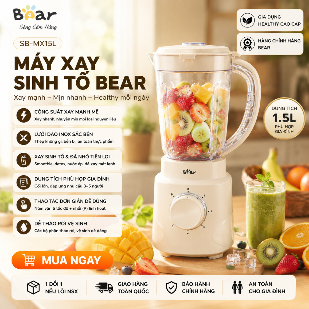 Máy xay sinh tố BEAR 1.5L SB-MX15L Tiếng Anh Lưỡi Inox 304 Xay Đa Năng 2 Cối Xay 700W BH 18 tháng