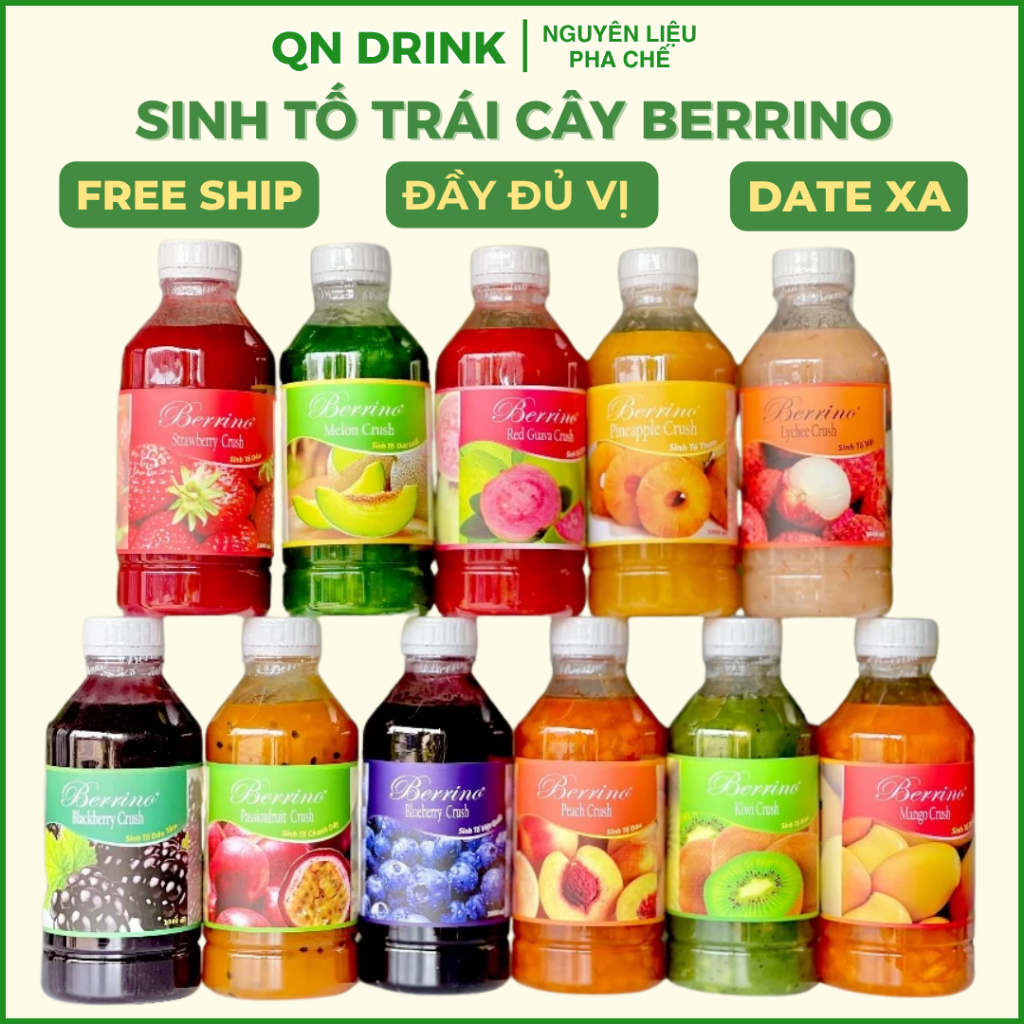 Sinh tố berino đủ vị chai 1 lít, siro trái cây mứt berrino việt quất, đào, dâu, dưa lưới QN DRINK