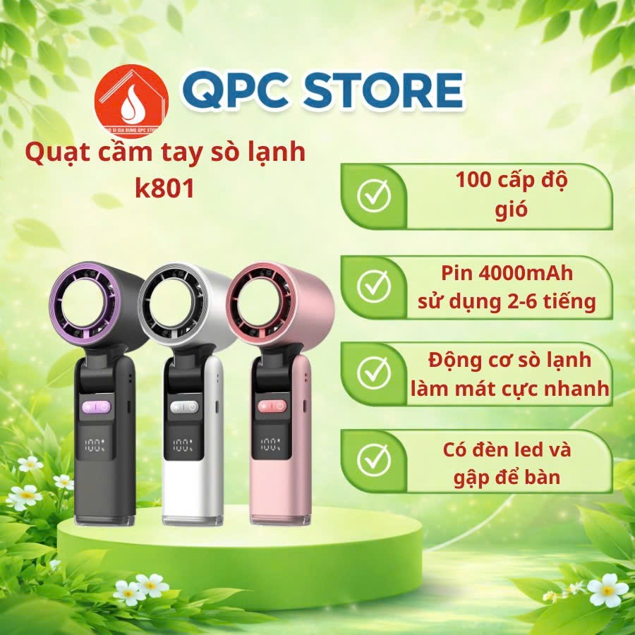 Quạt Cầm Tay Sò Lạnh K801, Màn Hình Kỹ Thuật Số Lạnh Sâu Nhanh, Pin 4000mAh,Đèn LED, Sạc Type-C