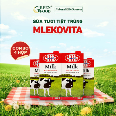 Combo 4 Sữa Tươi Tiệt Trùng Mlekovita Nguyên Kem 1L - Béo Cao 3.5%, Không Đường, Nhập Khẩu từ Ba Lan