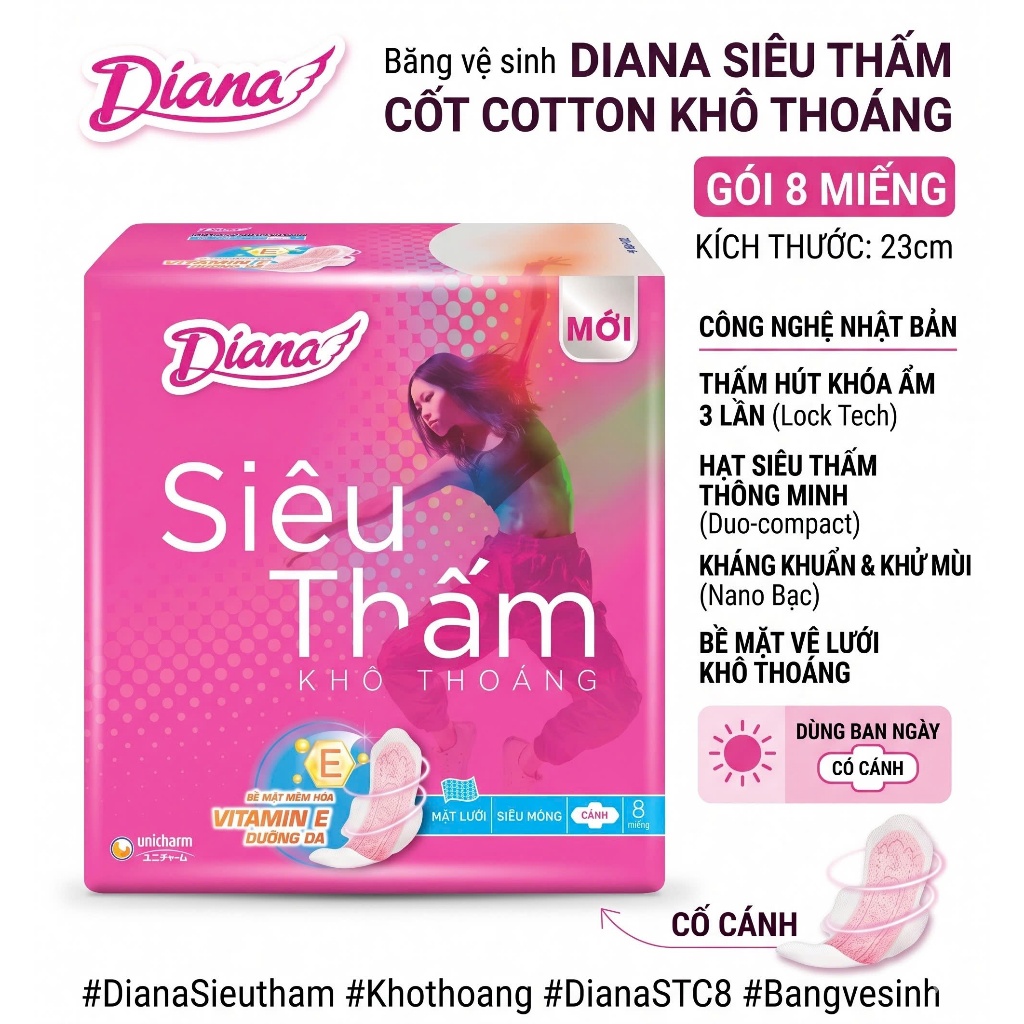 BVS DIANA SIÊU THẤM COTTON CÓ CÁNH (GÓI 8 MIẾNG) - DIANA CHÍNH HÃNG