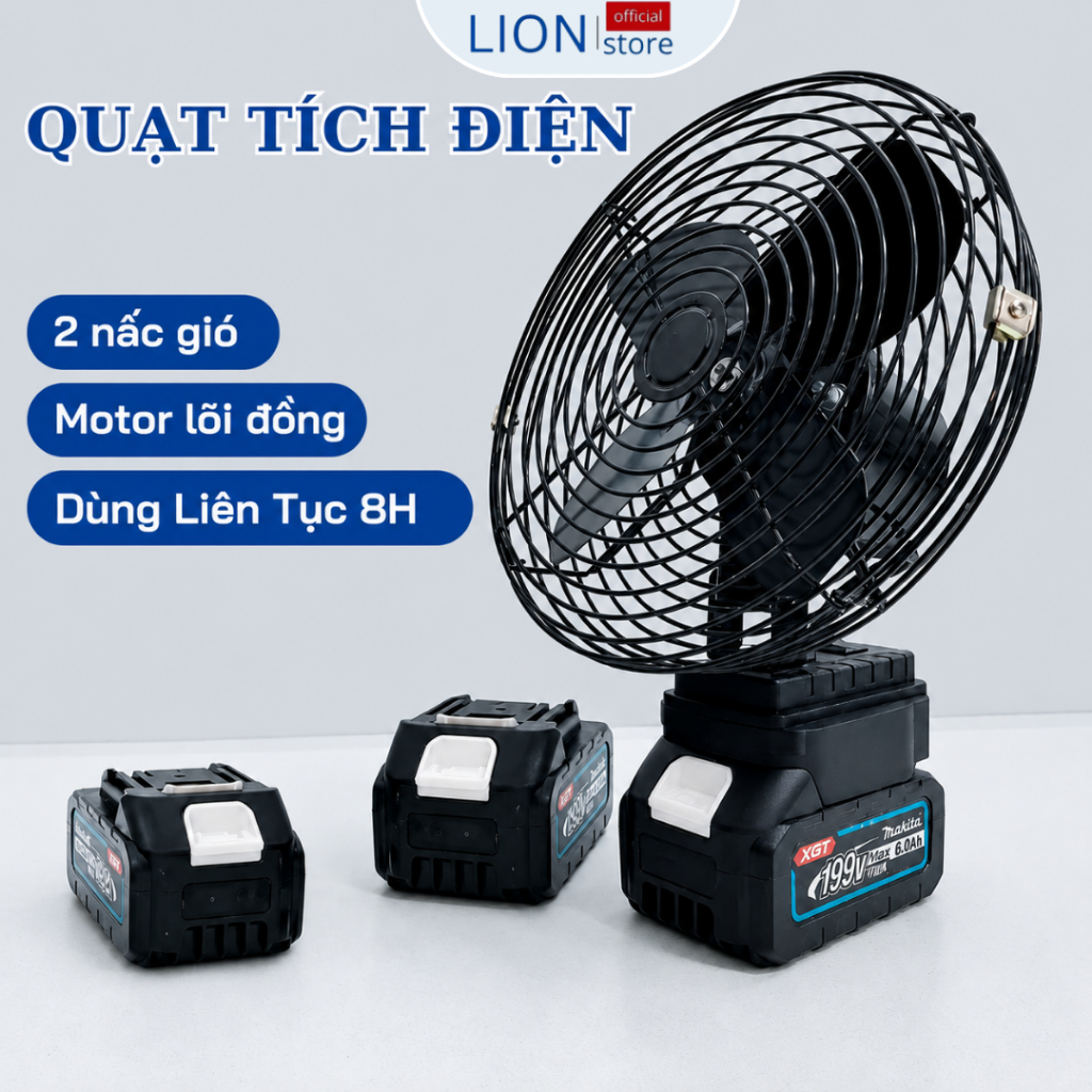 [𝐠𝐢𝐚𝐝𝐮𝐧𝐠𝐋𝐈𝐎𝐍] Quạt Tích Điện Pin 10 Cell Dùng Liên Tục 8H, Quạt Để Bàn 2 Cấp Độ Gió Siêu Mát