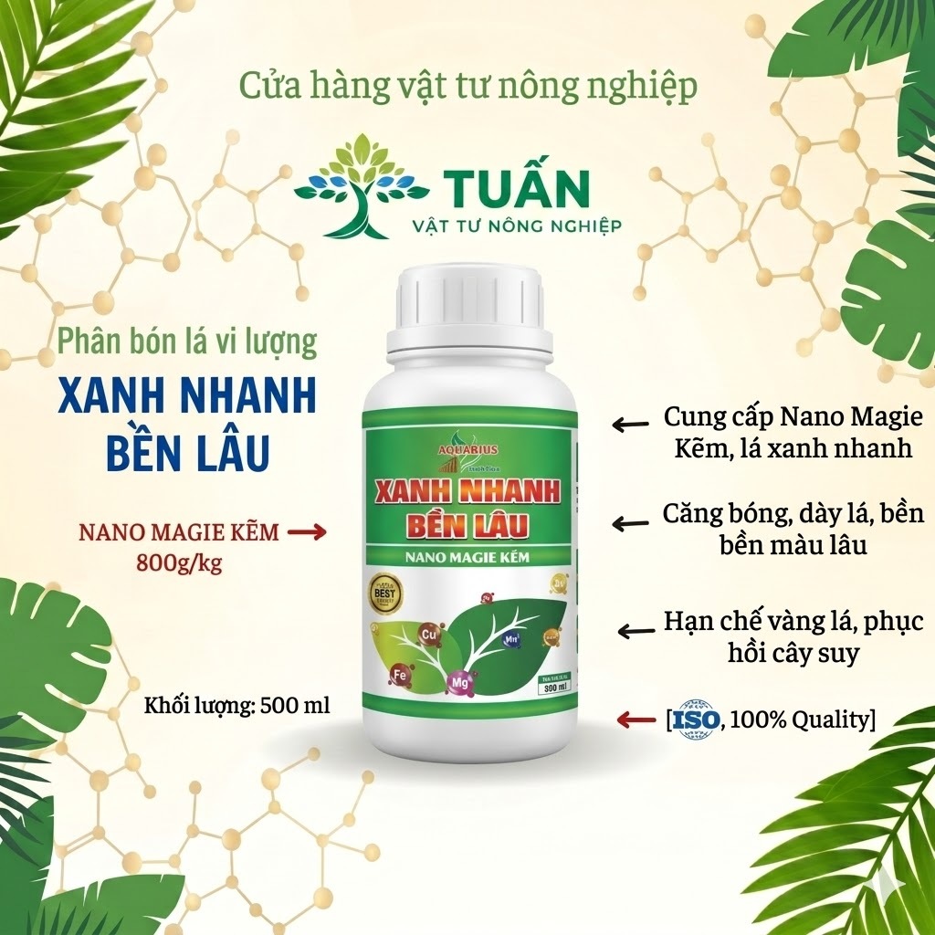 Phân bón lá Nano kẽm siêu xanh lá, dày lá (500mL) Nano Magie Kẽm Phú Sĩ mập đọt, chống vàng lá