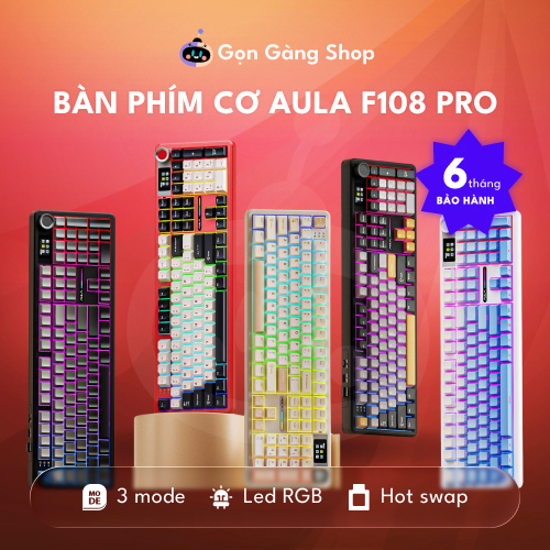 (NEW- SẴN) AULA  F108/F108PRO -Bàn phím cơ không dây FULLSIZE - Hotswap - LED RGB - Có app chỉnh