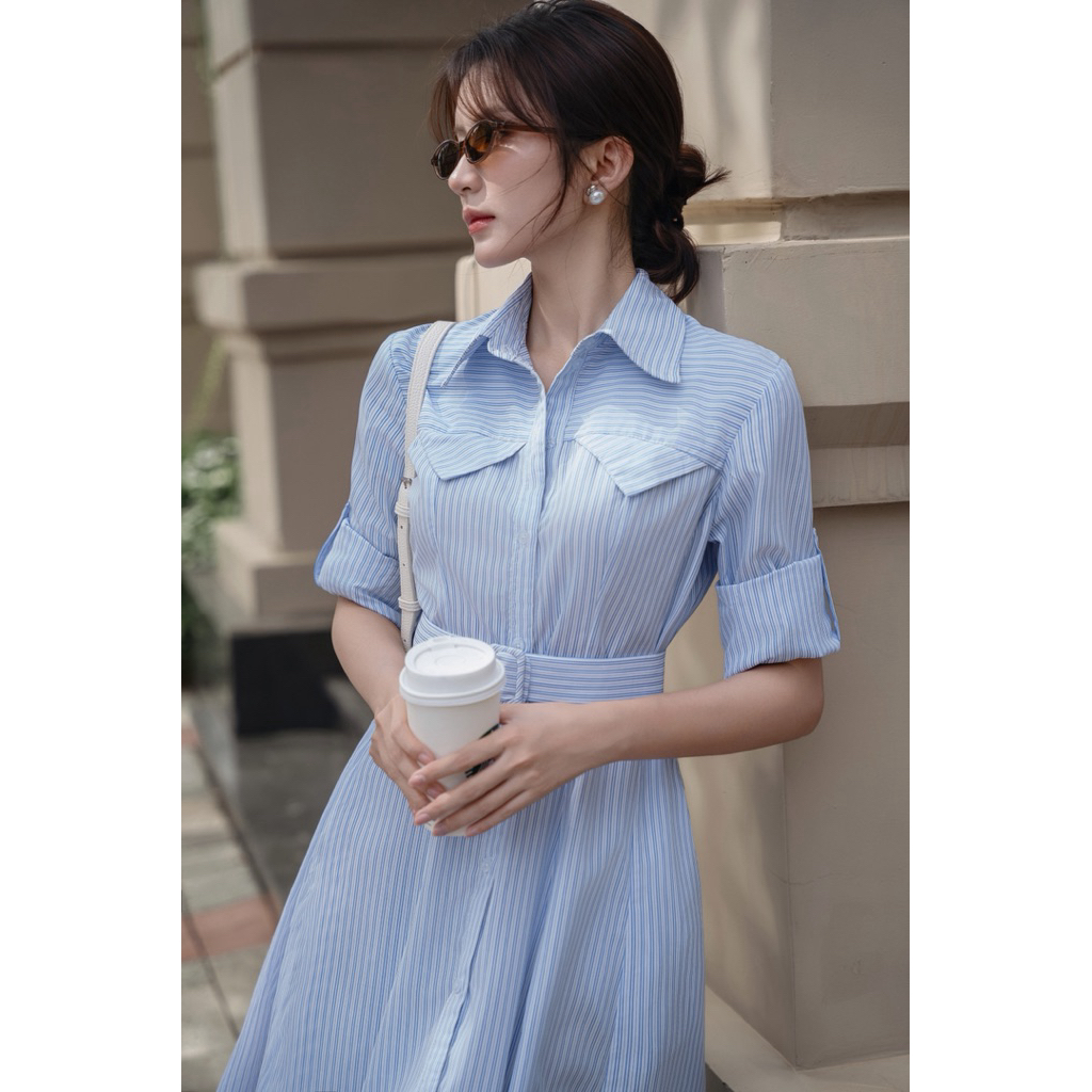 Váy Sơ Mi Công Sở AMÉLIE Marose - Kate Kẻ Sọc Dáng Dài Thanh Lịch Hiện Đại