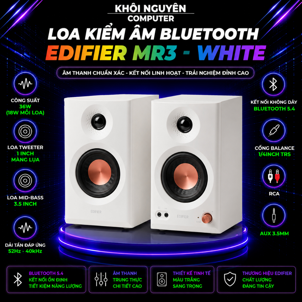 Loa Kiểm Âm Bluetooth Edifier MR3 White 2.0 Hi-Res Audio 36W Chính Hãng Studio Monitor