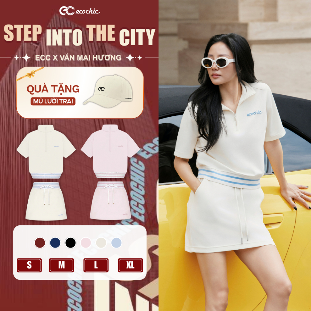 (Tặng mũ) Set Chân Váy Ngắn ECOCHIC Khoá Áo Halfzip Cạp Váy Bo Dệt Logo Thêu Chất Liệu Cao Cấp Chính Hãng B219