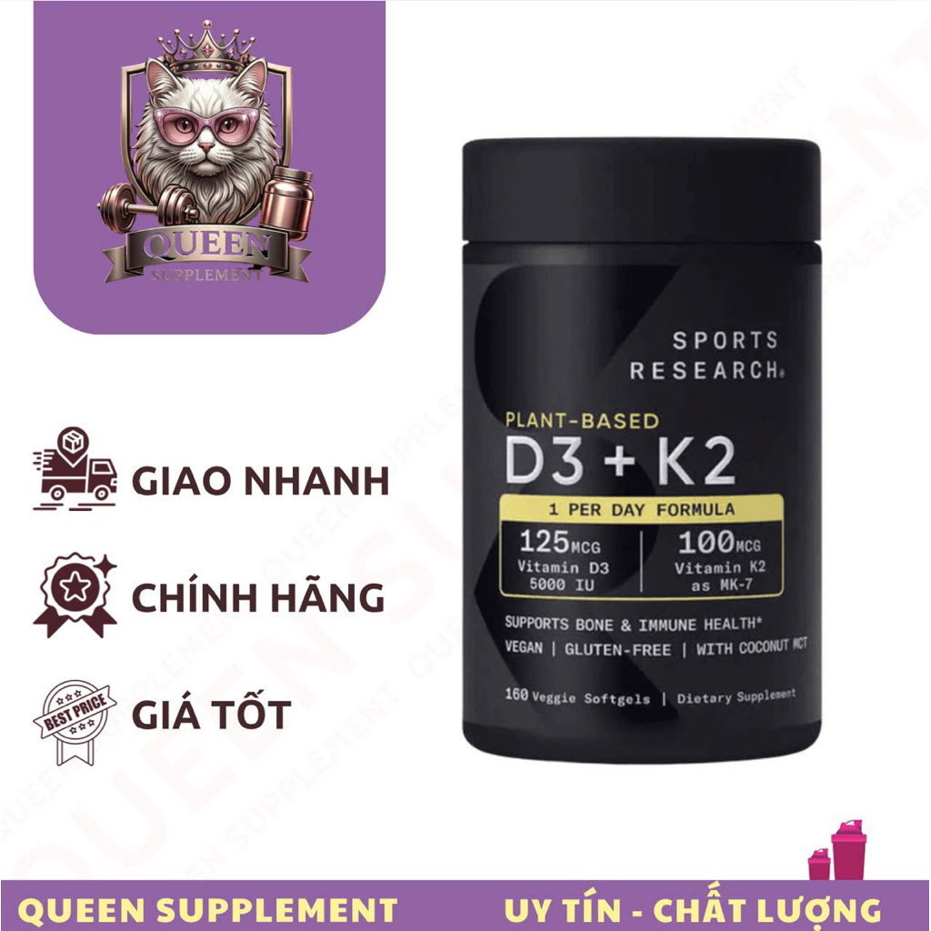 Viên uống hỗ trợ xương khớp Sports Research - SR Vitamin D3+K2 (160 viên)
