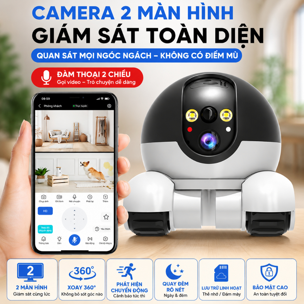 Camera Wifi Robot 2 Mắt 360° AI Theo Dõi Chuyển Động Điều Khiển Qua App V380 Pro