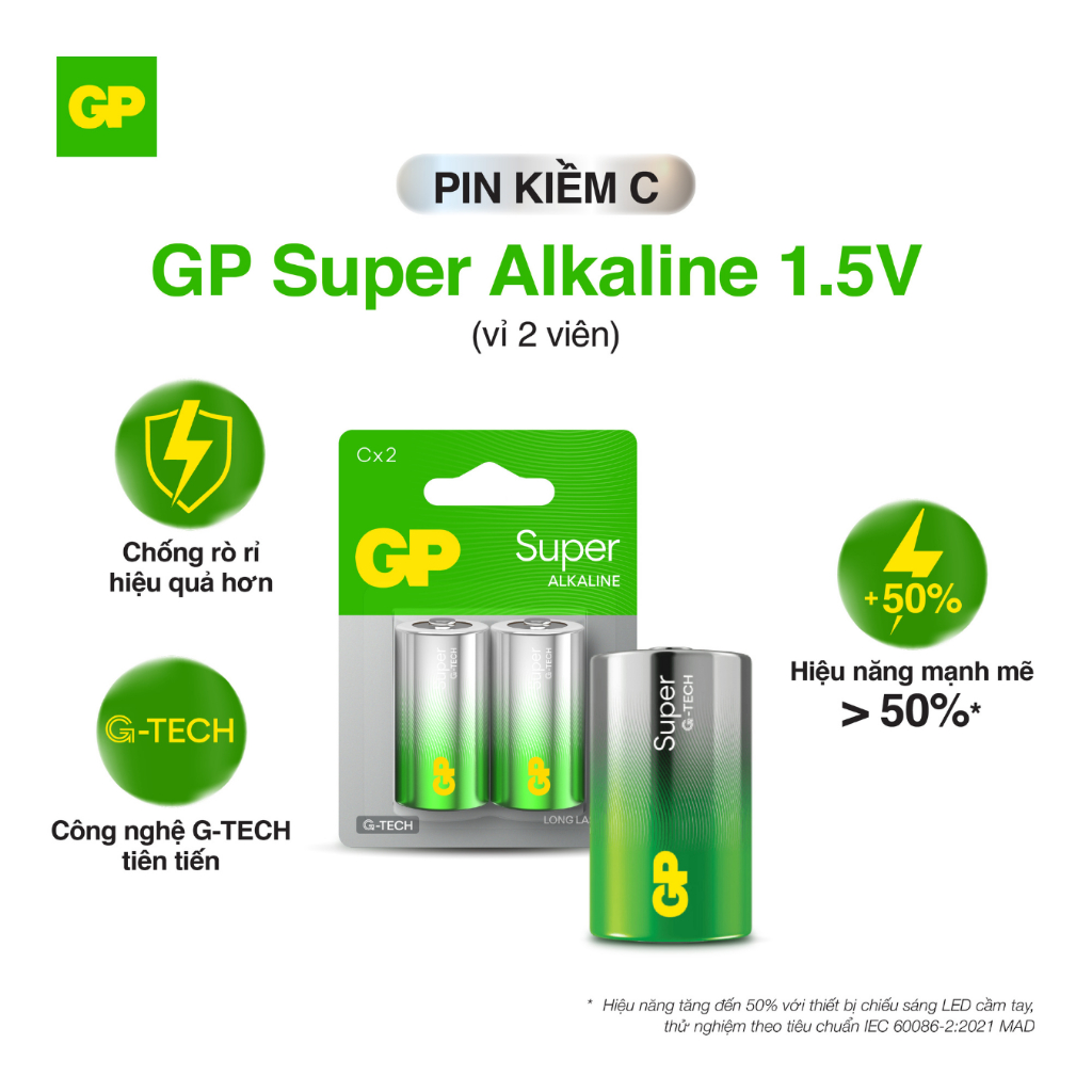 Pin kiềm C GP Super Alkaline 1.5V vỉ 2 viên - Pin trung Super Alkaline cho đèn pin, đồ chơi, radio