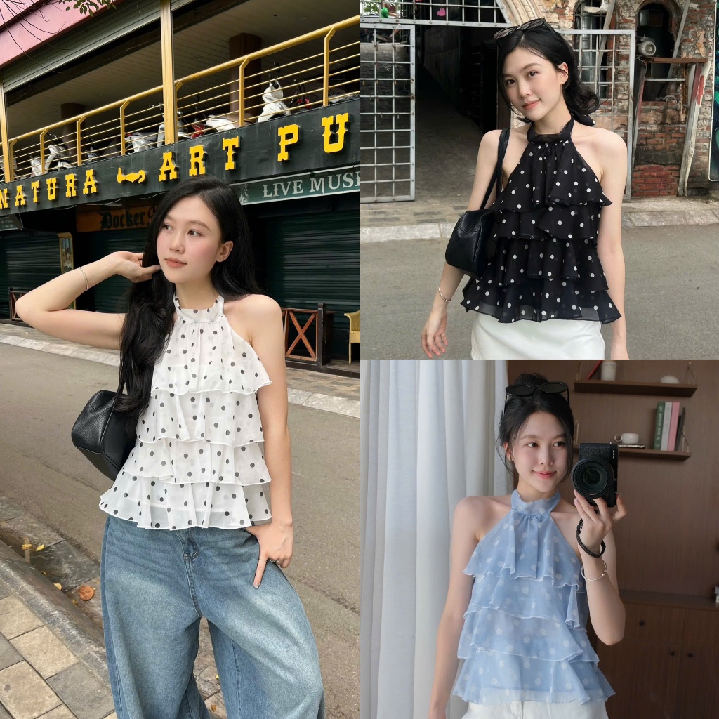 Sẵn Hoả tốc | Elora Top (TSW) Áo cổ yếm bèo tầng chấm bi Nữ the.sweaterweather