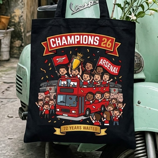 Tote Đen Arsenal Champions 26 Parade Bus 22 Years Waited — quà tặng Gunners fan club a-totb0014