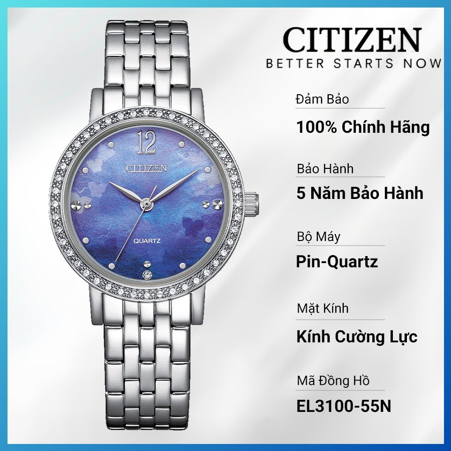 Đồng Hồ Nữ Citizen Pin-Quartz Đính Đá Swarovski Dây Thép Không Gỉ EL3100-55N - Mặt Xà Cừ (31mm)