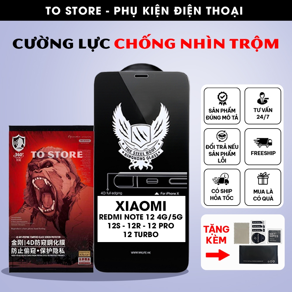 Kính cường lực Redmi Note 12 / 12S / 12R / 12 Turbo / 12 Pro chống nhìn trộm full màn, phủ nano chốn