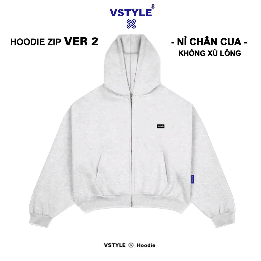 [KHÔNG XÙ LÔNG] Áo Hoodie Zip Ver.2 Nỉ Chân Cua Logo Vstyle Unisex