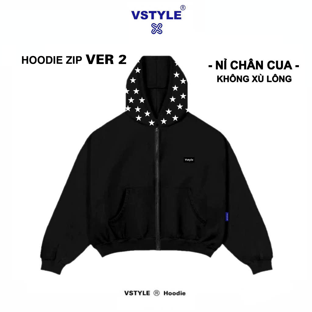 [KHÔNG XÙ LÔNG] Áo Hoodie Zip "STAR" Ver.2 Nỉ Chân Cua Logo Vstyle Unisex