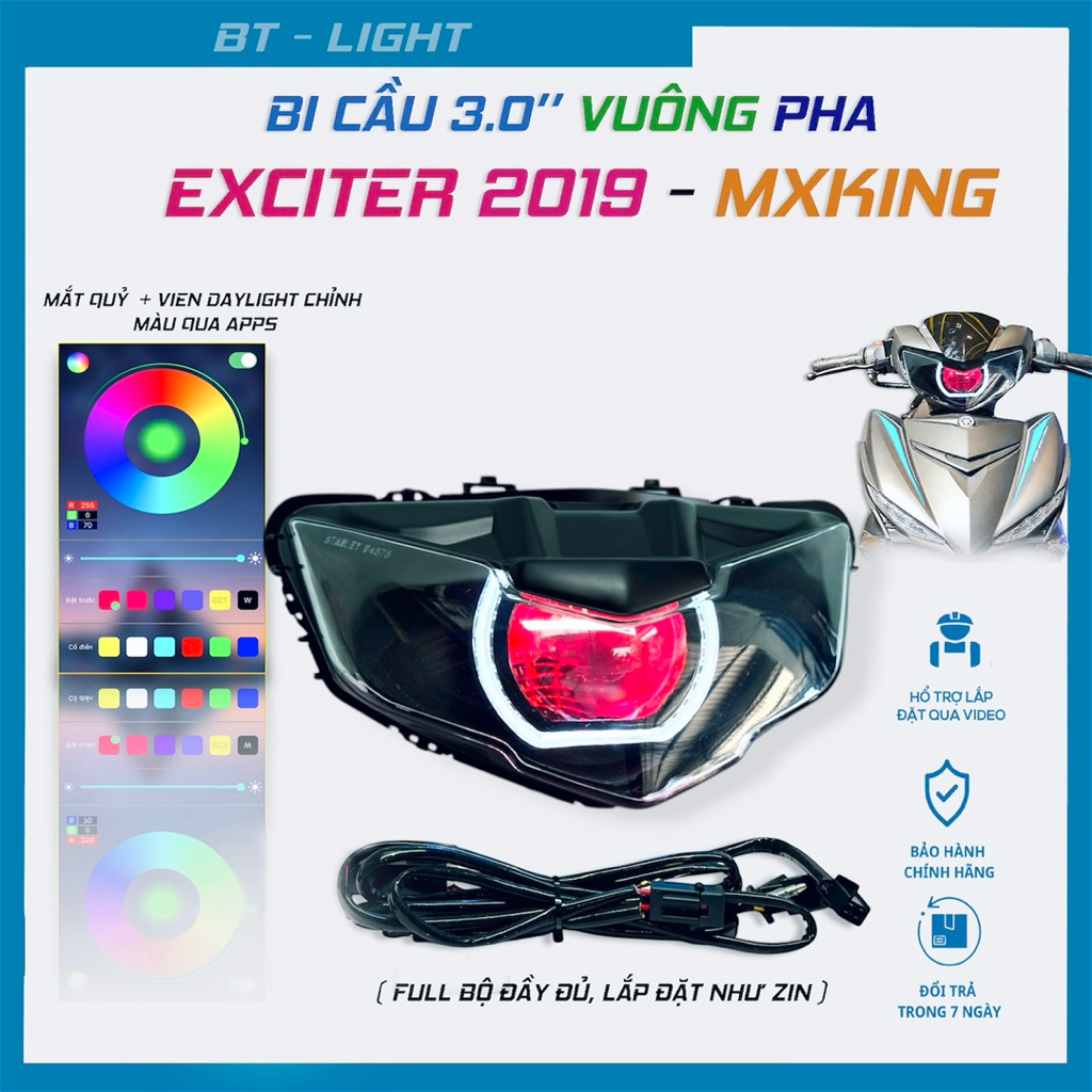 Đèn Bi Led 3.0" M10 Pro vuông cho Exciter 150 2019, MX King Mắt quỷ chỉnh Apps + Auto Passing - Phụ 