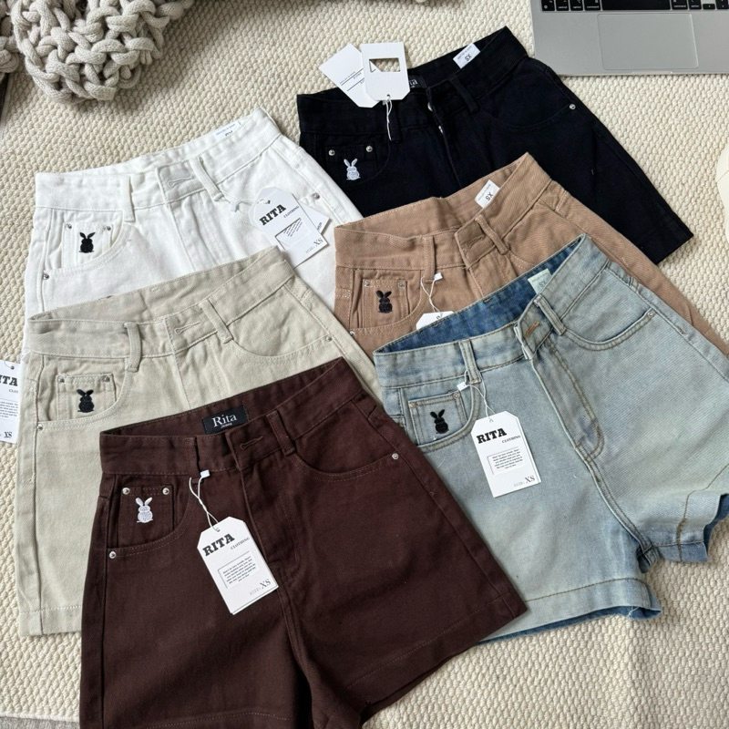 RITA JEAN- 2026 Quần short nữ lưng cạp cao thêu thỏ vải Kaki Jean Mềm Không Co Giãn Đứng From Tôn Dá