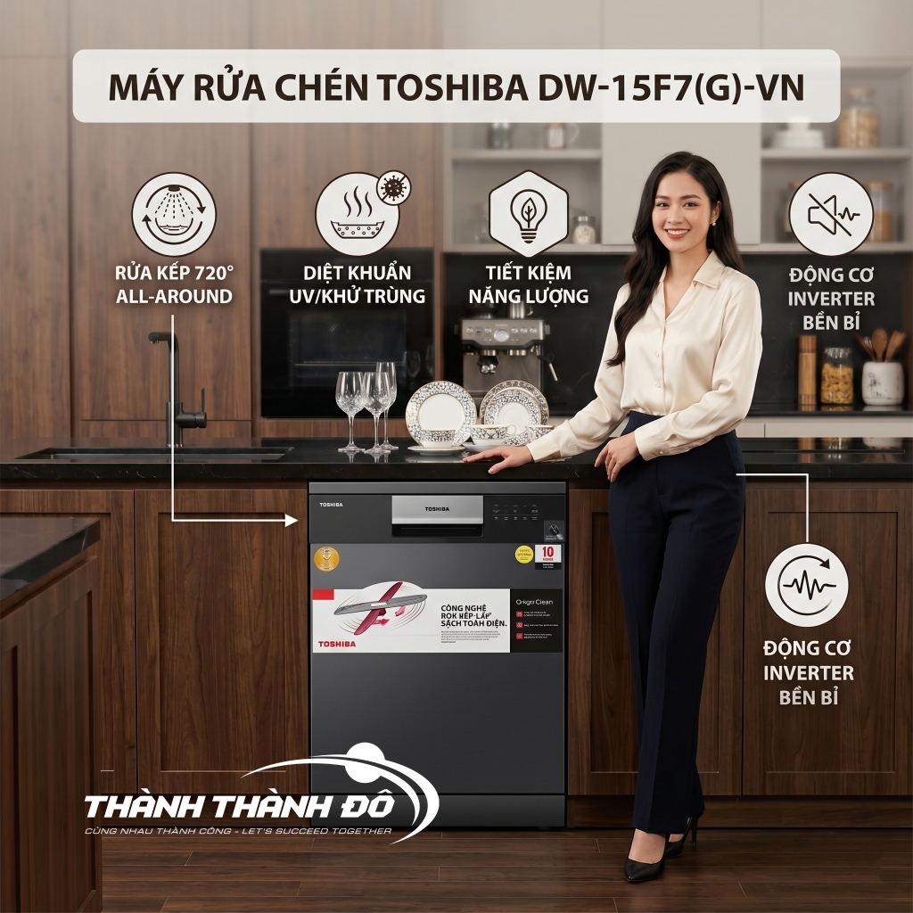 TẶNG BỘ NỒI 7TR9 | Máy rửa bát Toshiba DW-15F7(G)-VN, 15 bộ, sấy hé cửa, chính hãng 100%