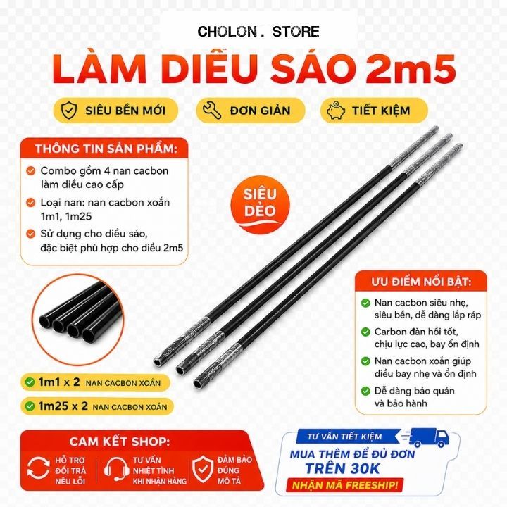 Bộ 4 Nan Diều Sáo Carbon Siêu Nhẹ Bền Chắc Dễ Lắp Đặt Cho Diều Sáo