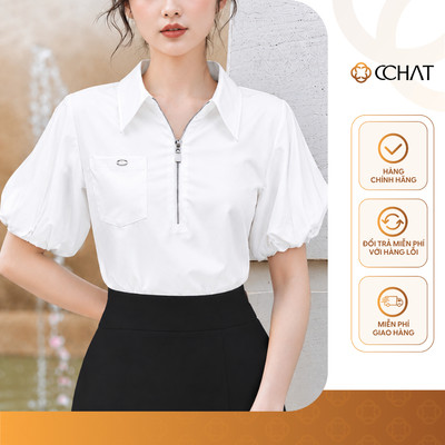 Áo Kiểu Nữ 𝐂𝐂𝐇𝐀𝐓 Dáng Suông Cổ Đức Khóa Kéo Dova Túi Ốp Chất Liệu Thô Bamboo Cao Cấp 16FNT2087OT