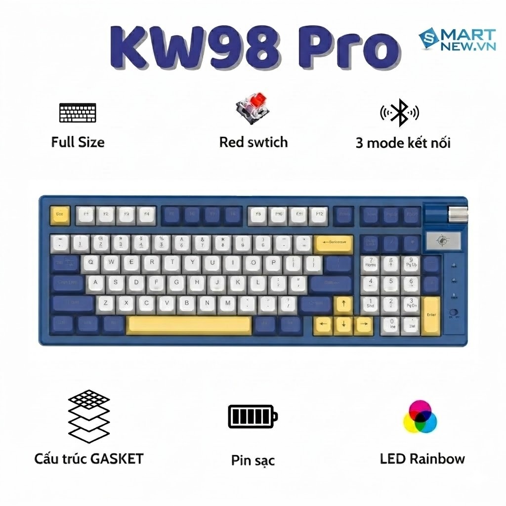 Bàn phím cơ không dây bluetooth ATAS KW98 Pro 3 Mode kết nối Pin sạc - Red switch - Có Hot-swap - Le
