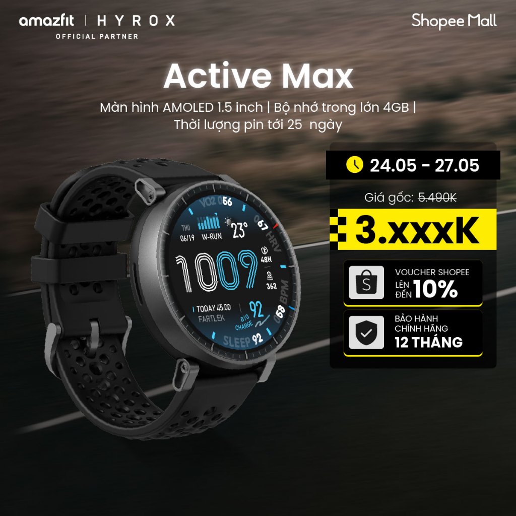 Đồng hồ thông minh Amazfit Active Max - Màn Hình AMOLED 3000nits | Theo Dõi Giấc Ngủ & SpO2 | Hỗ Trợ Pickleball - BH 12t
