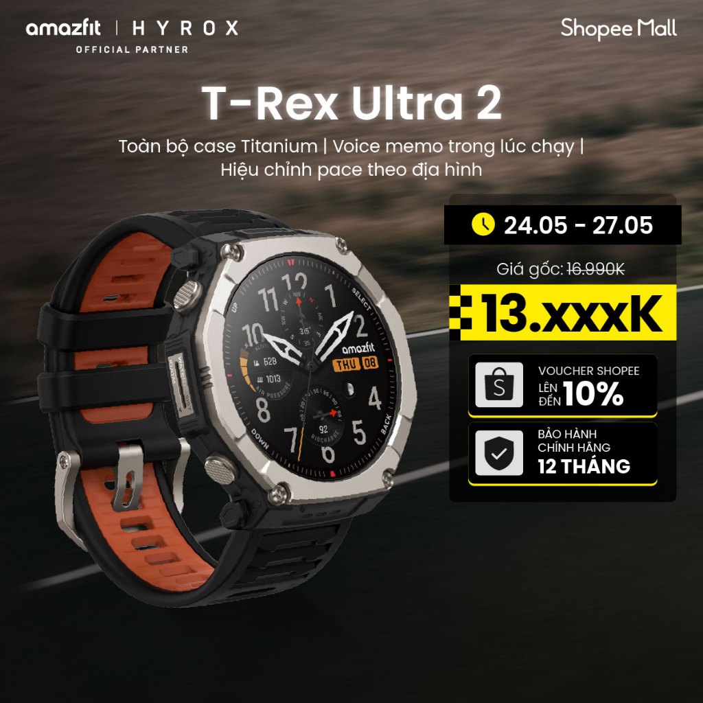 Đồng hồ thông minh Amazfit T-Rex Ultra 2 | Lưng Titanium | Voice Memo | Grade Adjusted Pace- Hàng chính hãng - BH 12th