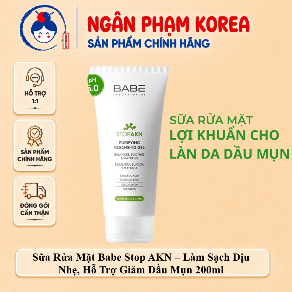 [Hàng Công Ty] Sữa Rửa Mặt Laboratorios Babé Stop AKN Purifying Cleansing Gel 200ml - Sạch Sâu, Kiềm Dầu, Giảm Mụn