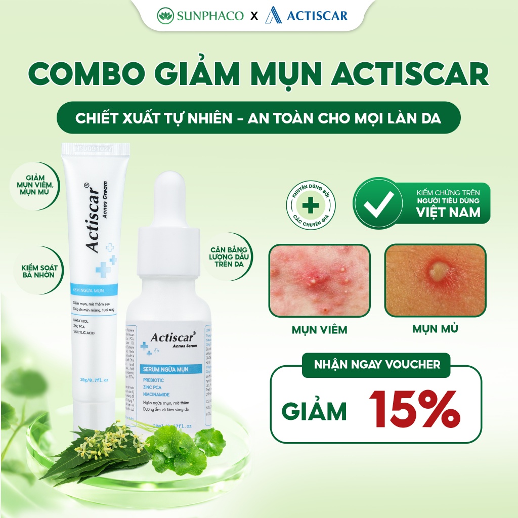 Combo Kem Serum  Actiscar Acnes Hỗ Trợ Giảm Mụn Bọc Mụn Viêm, Mờ Thâm Sẹo Do Mụn